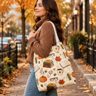Cream shopping tote with white handles, autumn books and pumpkins pattern on shoulder