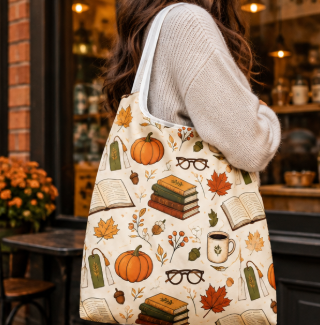 Cream canvas tote bag with white handles, autumn pumpkins, books, glasses pattern