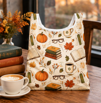 Cream canvas tote bag with white handles, autumn pumpkins, books and coffee cup print