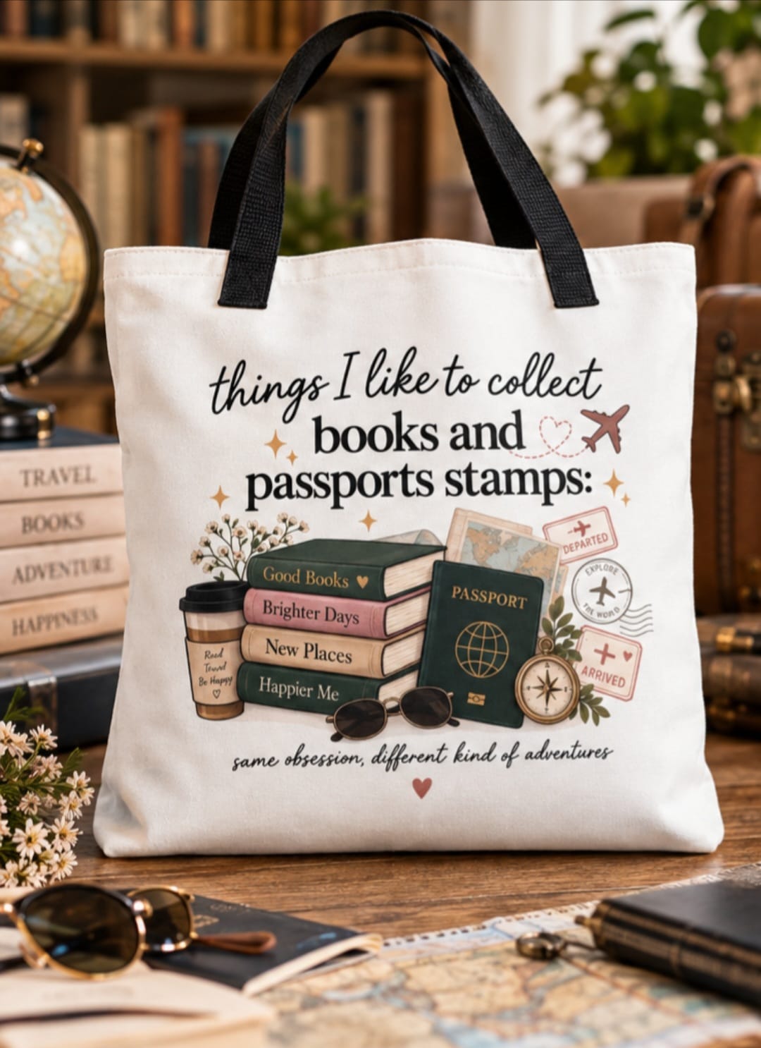 White canvas tote bag with black handles, books and passports stamps graphic on front