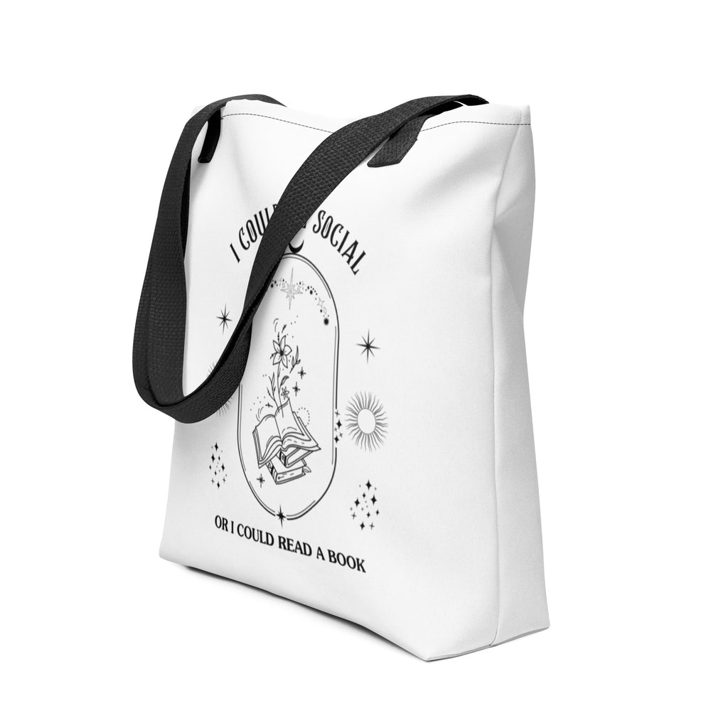 White tote bag with black handles and “I could read a book” graphic