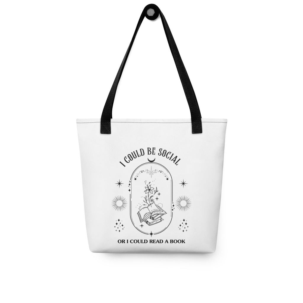 White book tote with black top handles and “I could be social / read a book” text