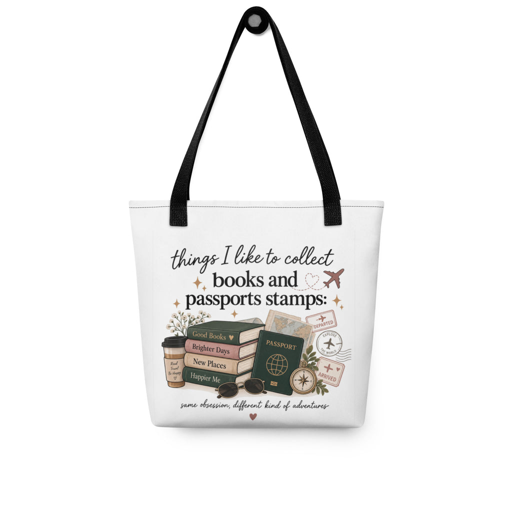 White canvas tote bag with black handles and “things I like to collect” design