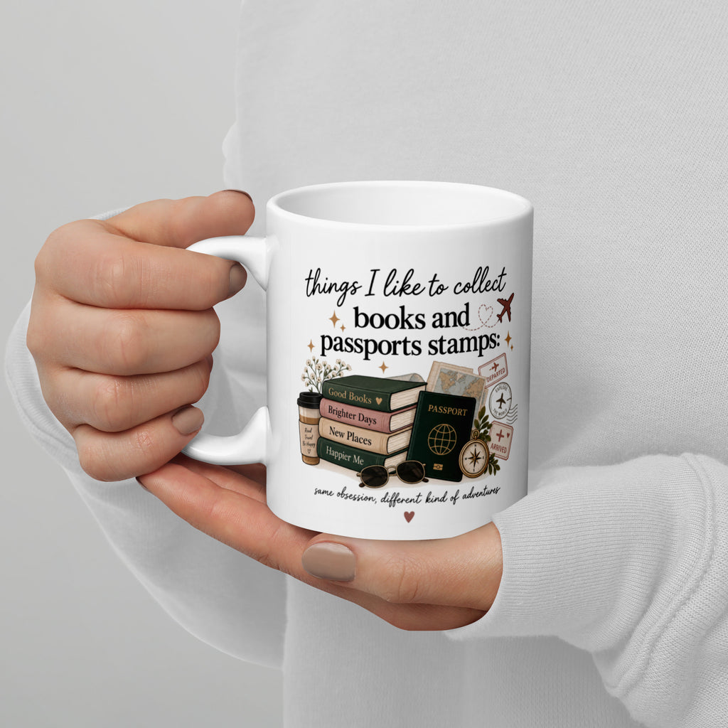 White mug with illustrated book and passport stamp collage, 'books and passports stamps'